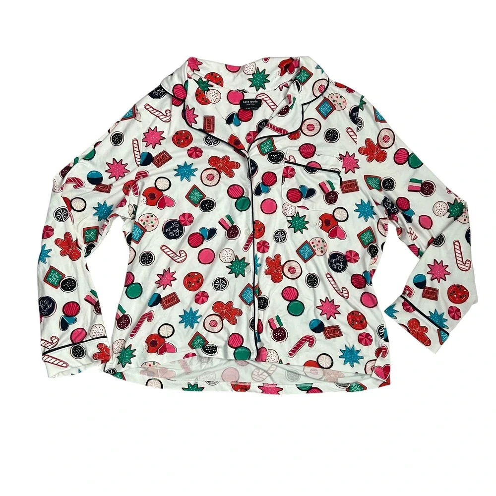 Kate Spade Christmas Cookie Pajama Set XL White Gingerbread Candy‎ Cane Print